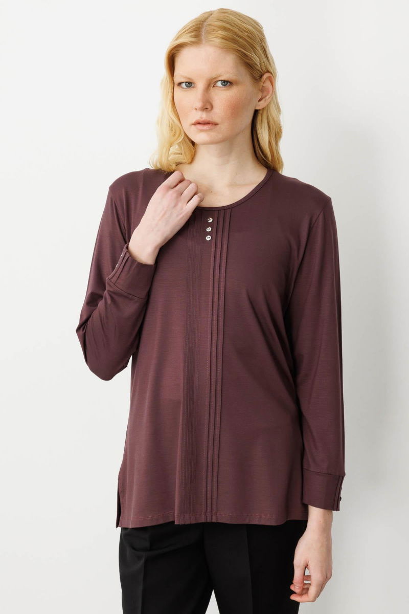 Desen Triko Kadın Sıfır Yaka Uzun Kollu Penye Bluz 25767 Kahverengi - Desen Triko