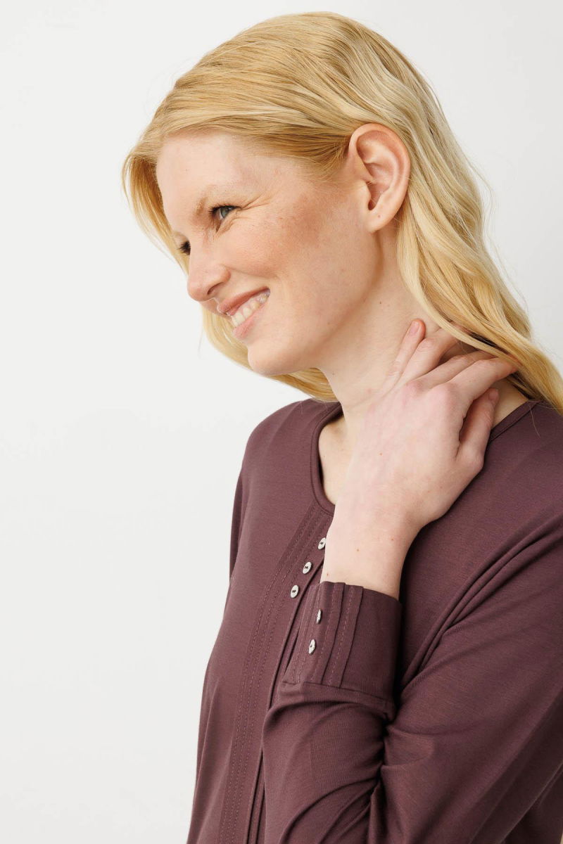 Desen Triko Kadın Sıfır Yaka Uzun Kollu Penye Bluz 25767 Kahverengi - 2