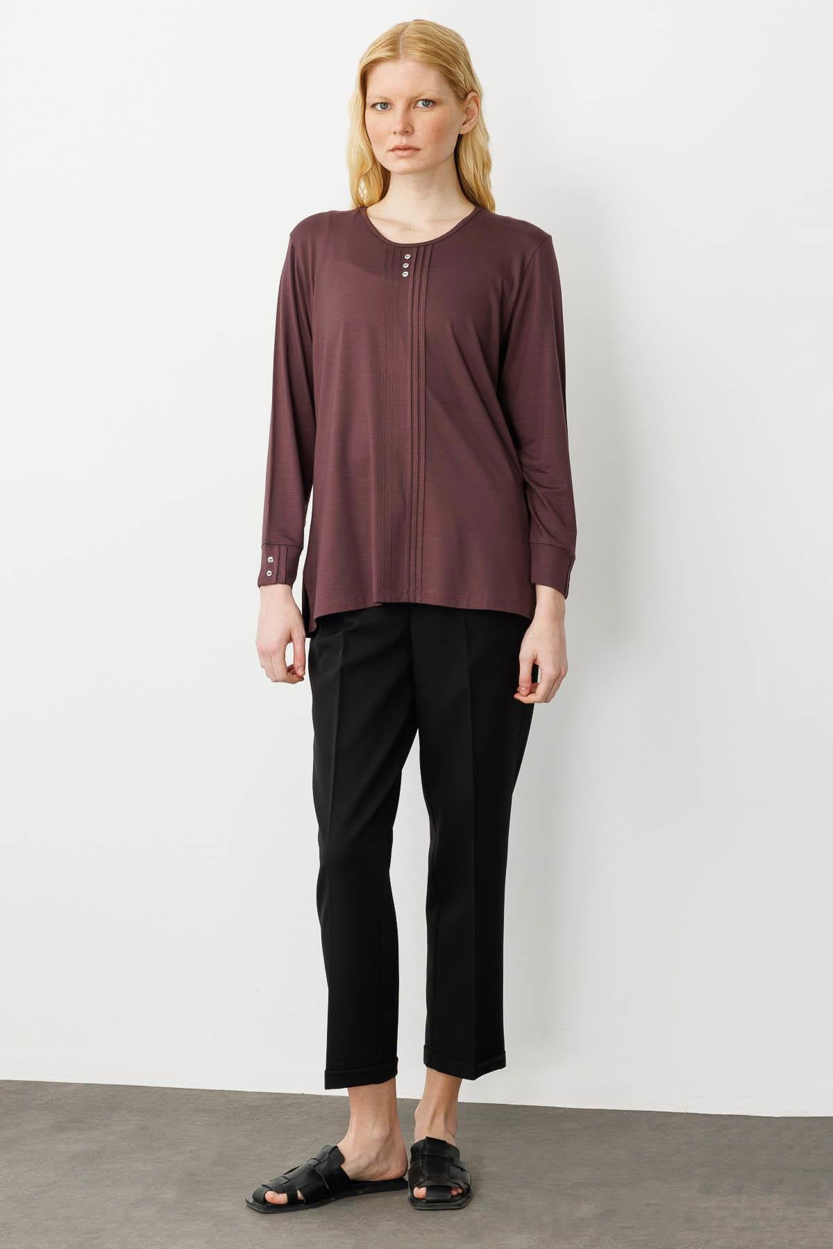 Desen Triko Kadın Sıfır Yaka Uzun Kollu Penye Bluz 25767 Kahverengi - 3