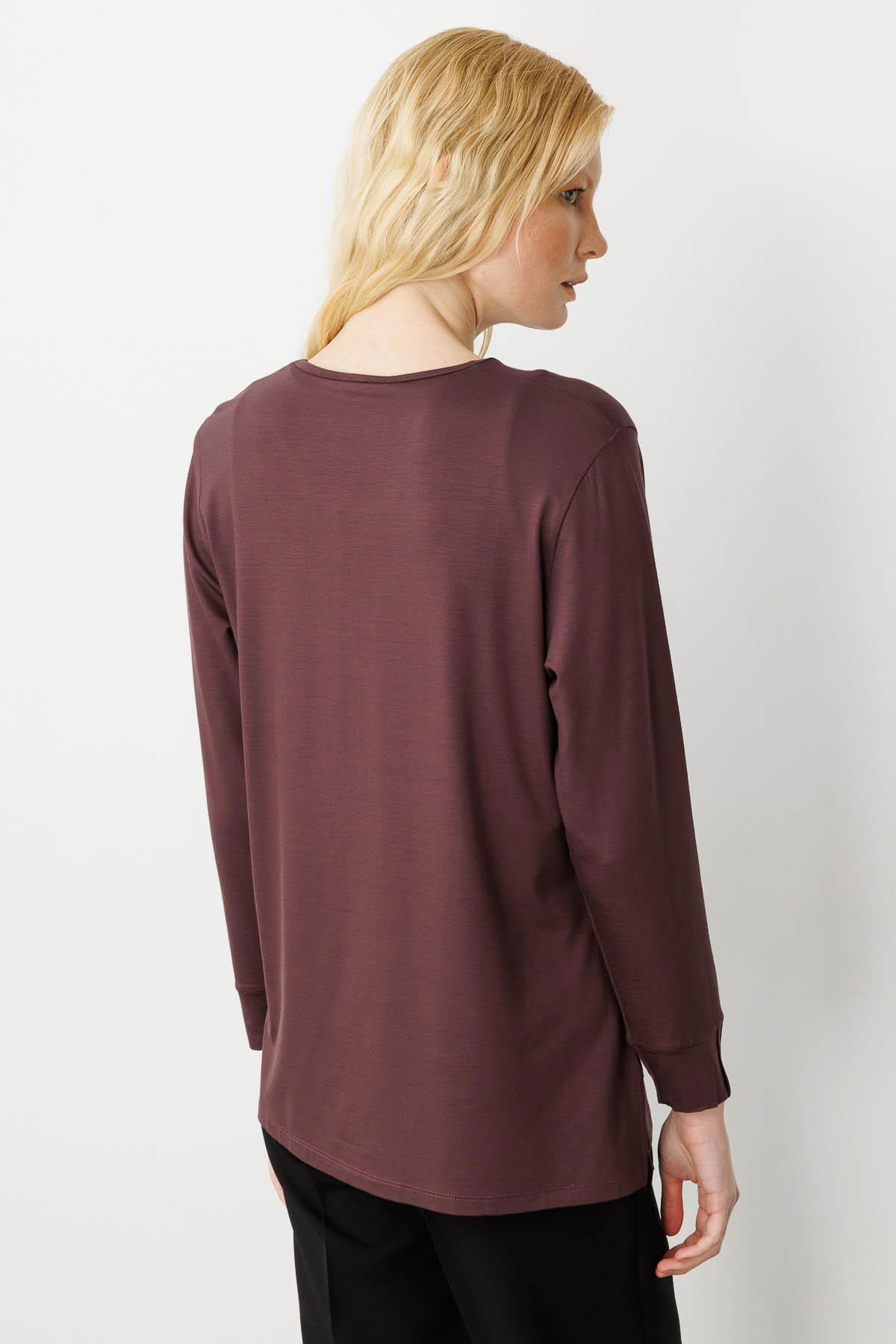 Desen Triko Kadın Sıfır Yaka Uzun Kollu Penye Bluz 25767 Kahverengi - 4