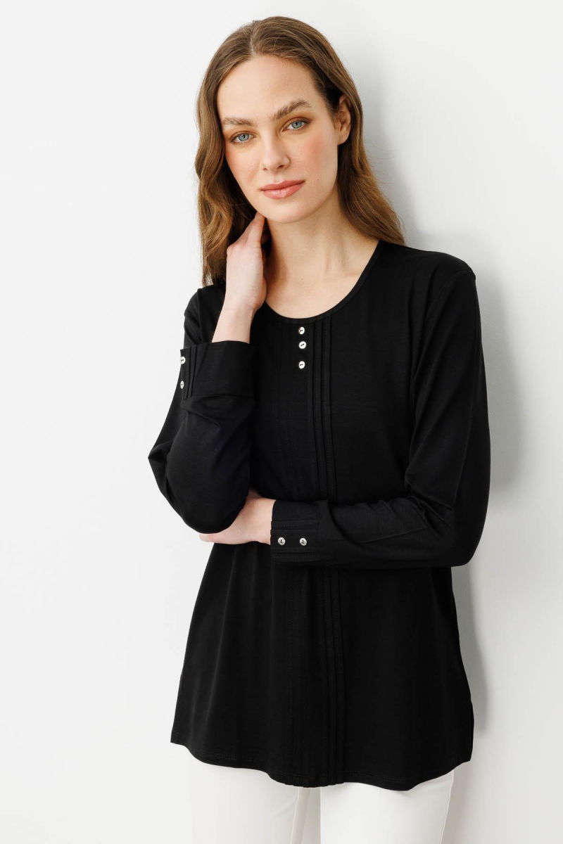 Desen Triko Kadın Sıfır Yaka Uzun Kollu Penye Bluz 25767 Siyah - Desen Triko