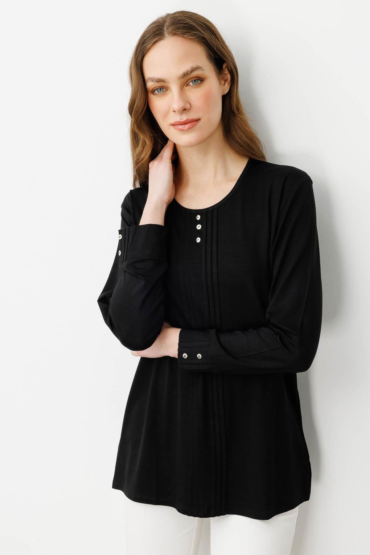 Desen Triko Kadın Sıfır Yaka Uzun Kollu Penye Bluz 25767 Siyah - 1