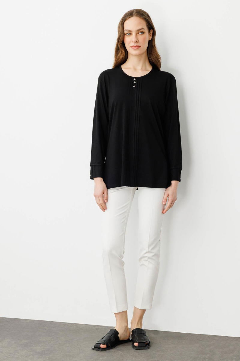 Desen Triko Kadın Sıfır Yaka Uzun Kollu Penye Bluz 25767 Siyah - 2