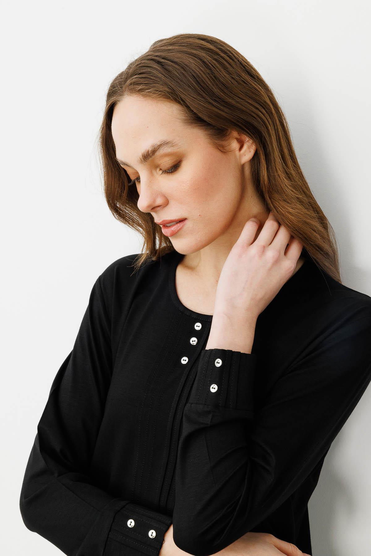 Desen Triko Kadın Sıfır Yaka Uzun Kollu Penye Bluz 25767 Siyah - 3