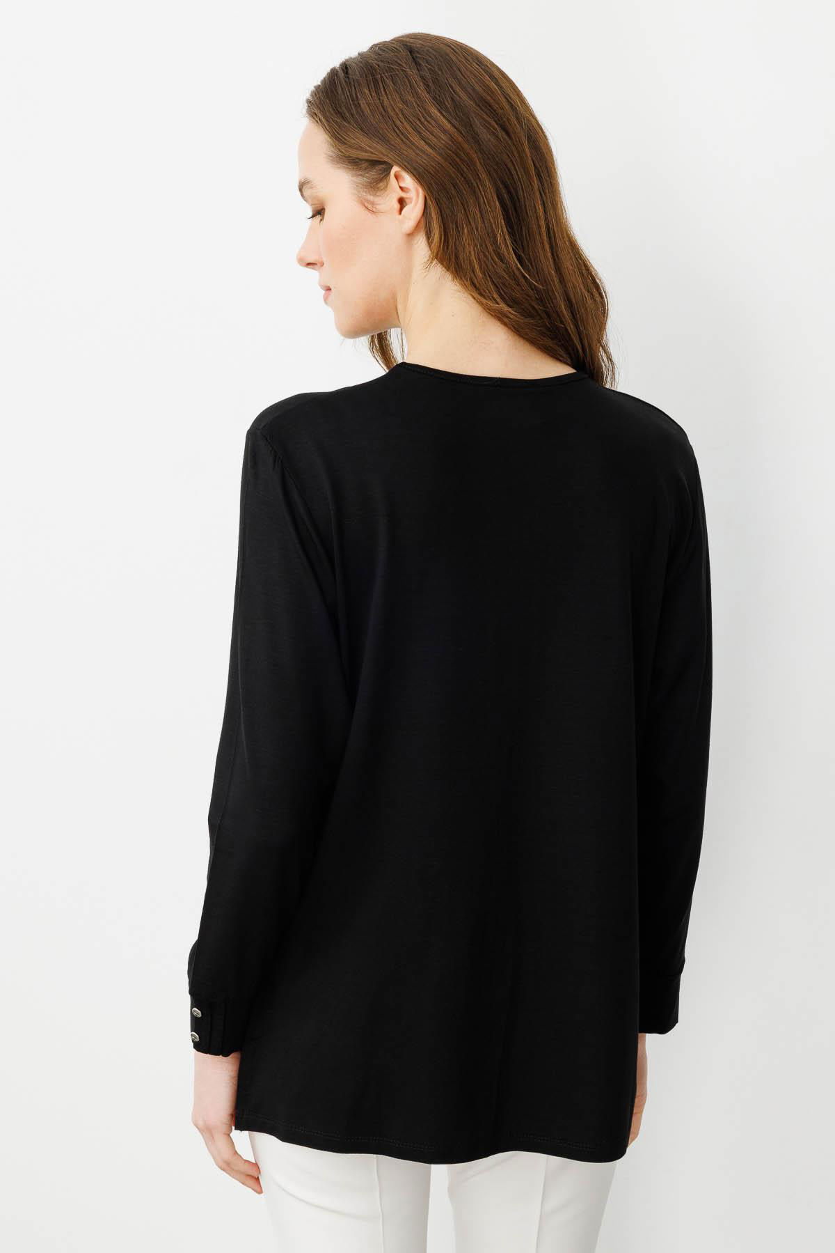 Desen Triko Kadın Sıfır Yaka Uzun Kollu Penye Bluz 25767 Siyah - 4