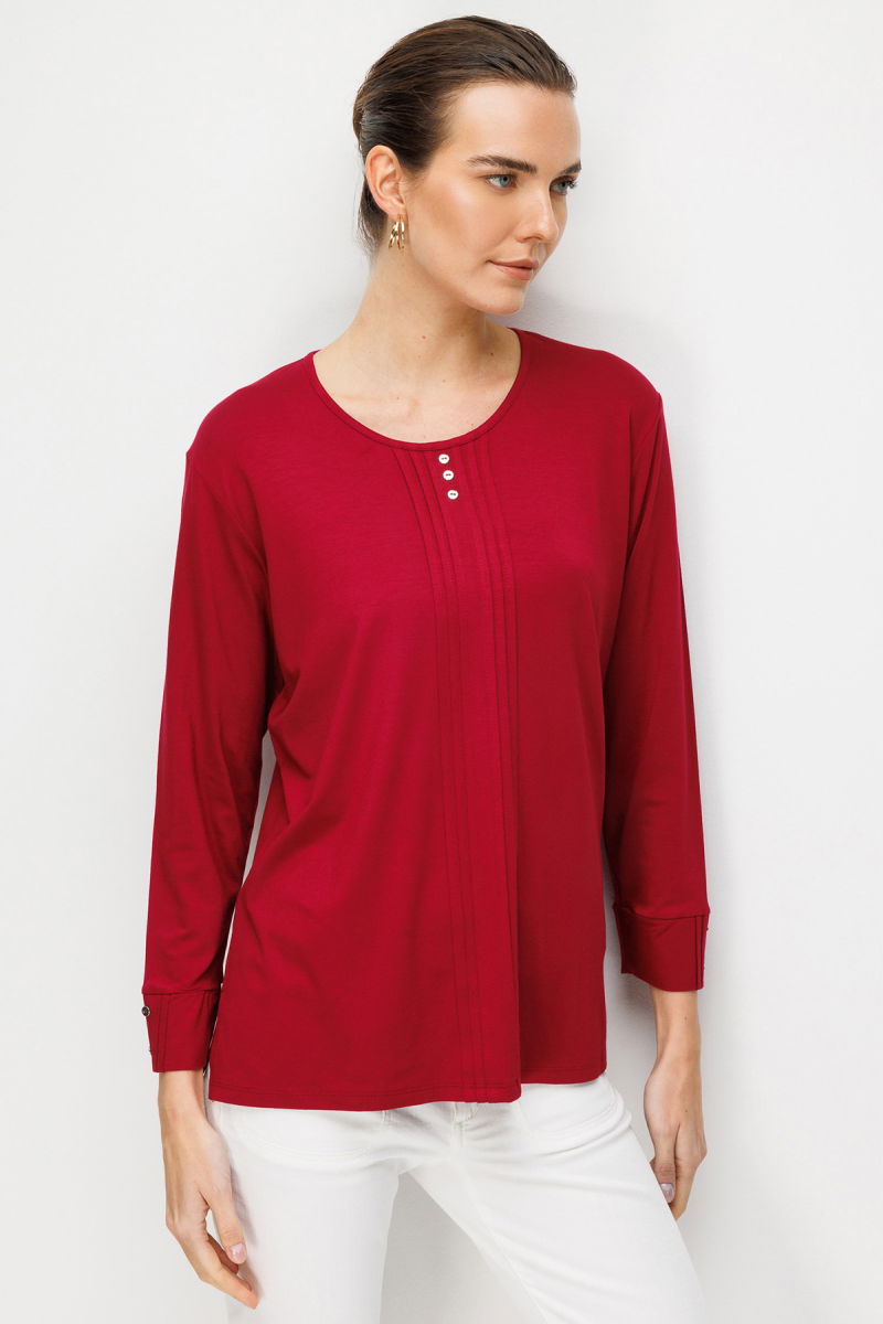 Desen Triko Kadın Sıfır Yaka Uzun Kollu Penye Bluz 25767 Vişne - Desen Triko