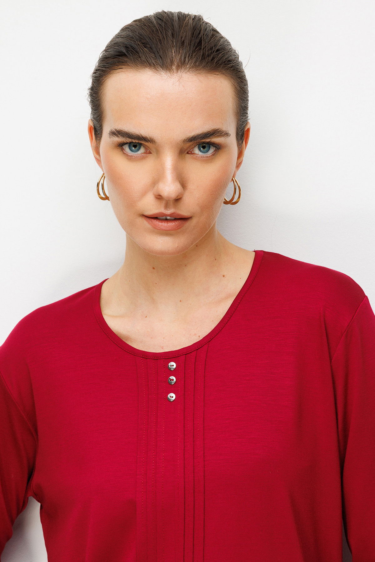 Desen Triko Kadın Sıfır Yaka Uzun Kollu Penye Bluz 25767 Vişne - 2