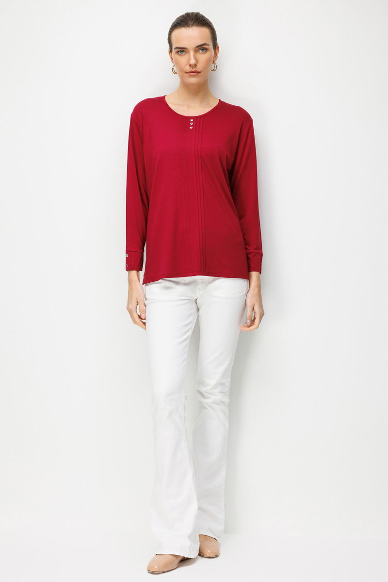 Desen Triko Kadın Sıfır Yaka Uzun Kollu Penye Bluz 25767 Vişne - 3