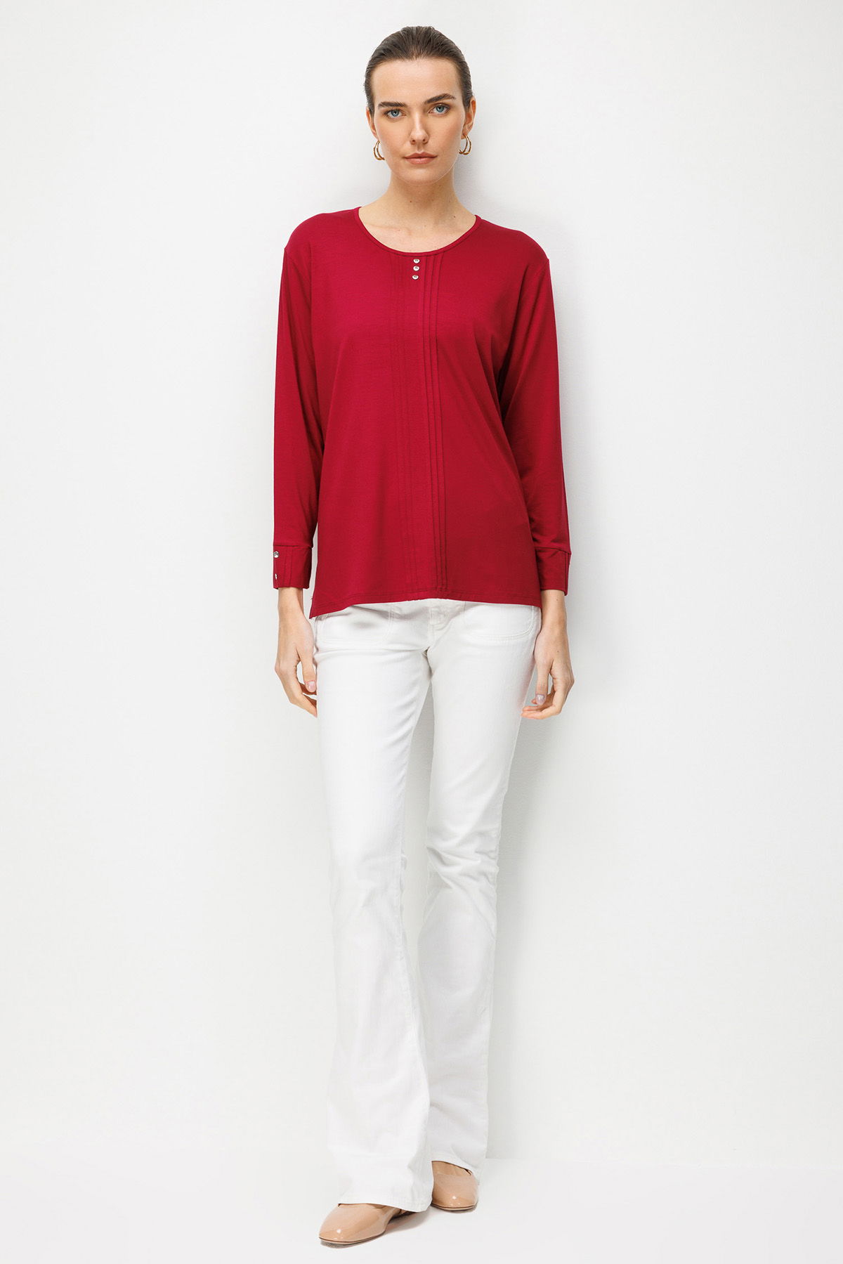 Desen Triko Kadın Sıfır Yaka Uzun Kollu Penye Bluz 25767 Vişne - 3