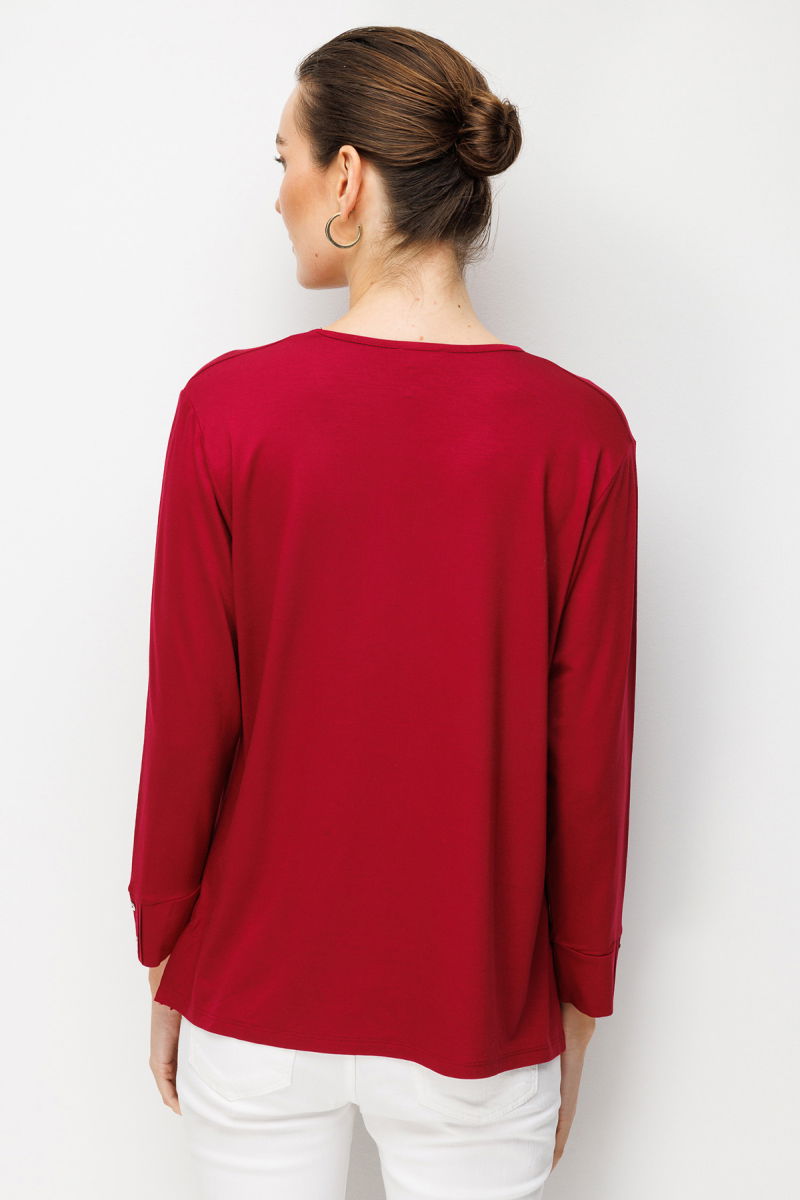 Desen Triko Kadın Sıfır Yaka Uzun Kollu Penye Bluz 25767 Vişne - 4