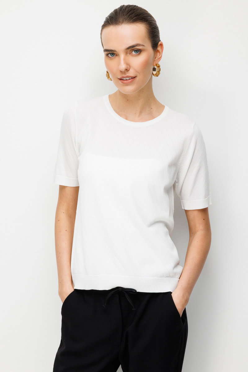 Desen Triko Kadın Sıfır Yaka Verev Çizgili Yanı Düğmeli İnce Triko Bluz 26367 Kemik - Desen Triko