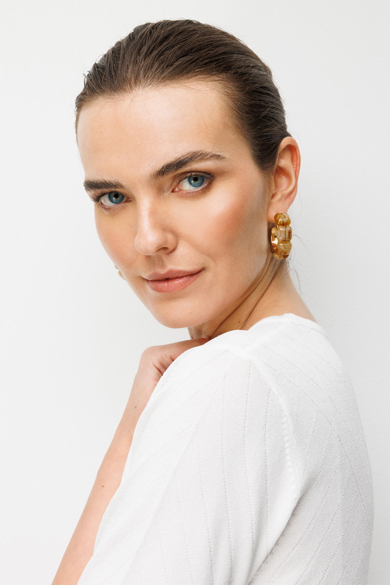 Desen Triko Kadın Sıfır Yaka Verev Çizgili Yanı Düğmeli İnce Triko Bluz 26367 Kemik - 2