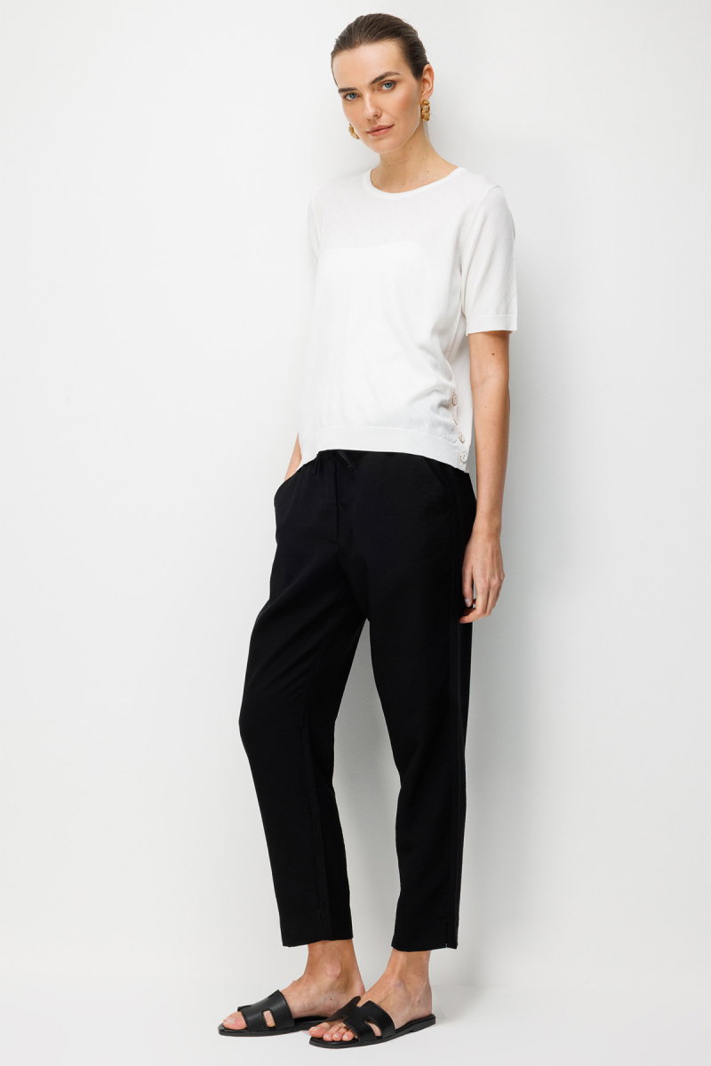 Desen Triko Kadın Sıfır Yaka Verev Çizgili Yanı Düğmeli İnce Triko Bluz 26367 Kemik - 3