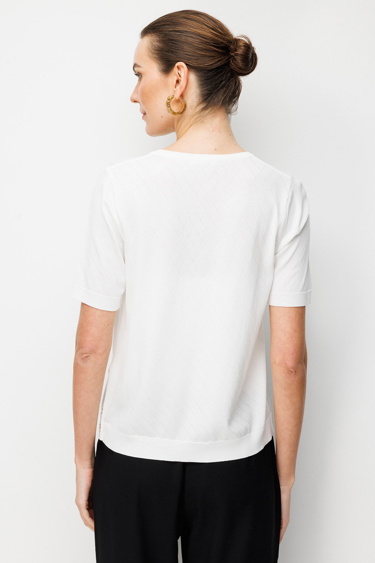 Desen Triko Kadın Sıfır Yaka Verev Çizgili Yanı Düğmeli İnce Triko Bluz 26367 Kemik - 4