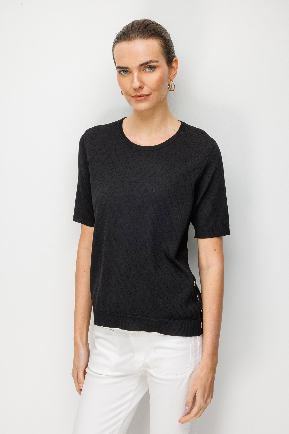 Desen Triko Kadın Sıfır Yaka Verev Çizgili Yanı Düğmeli İnce Triko Bluz 26367 Siyah - 1