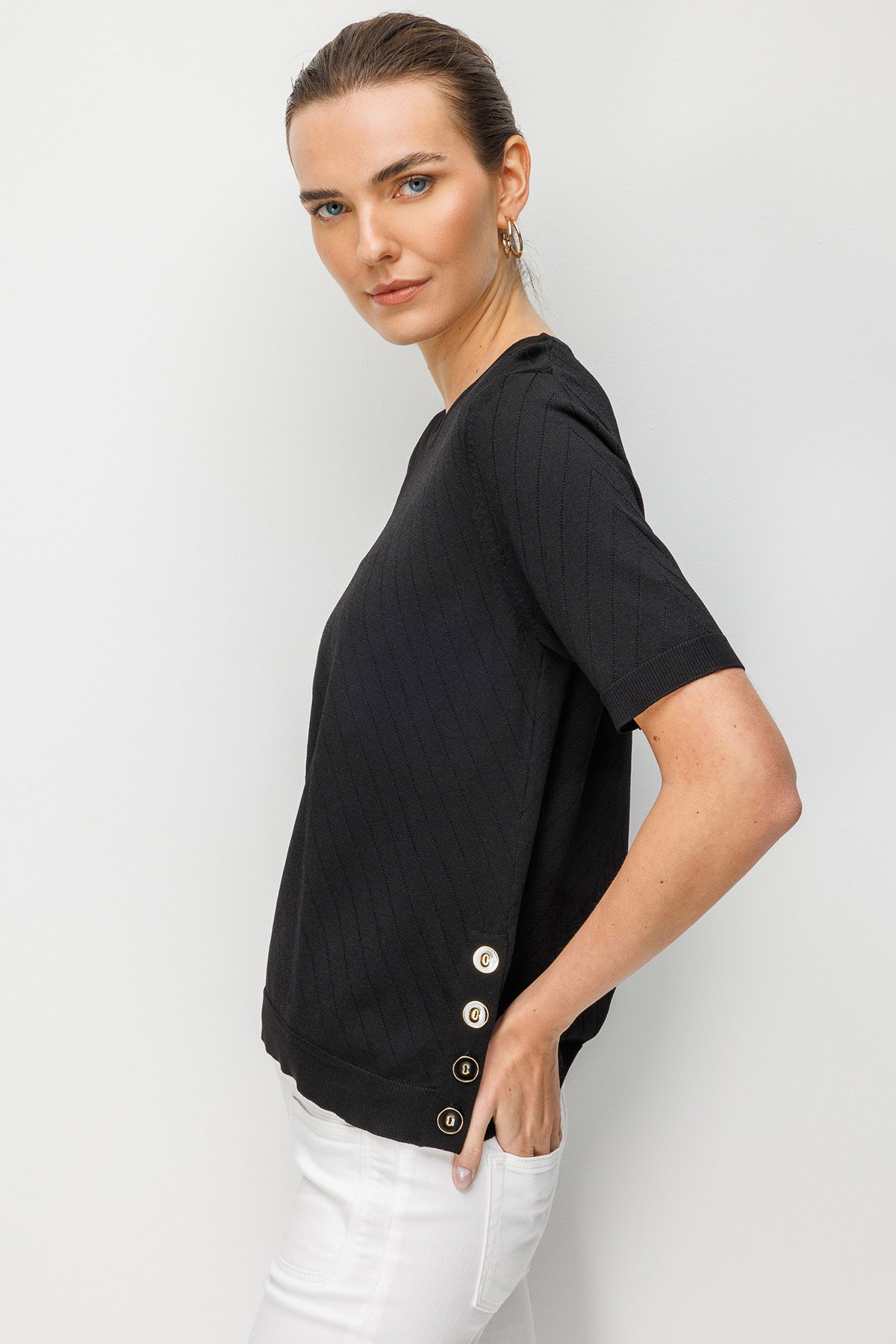 Desen Triko Kadın Sıfır Yaka Verev Çizgili Yanı Düğmeli İnce Triko Bluz 26367 Siyah - 2