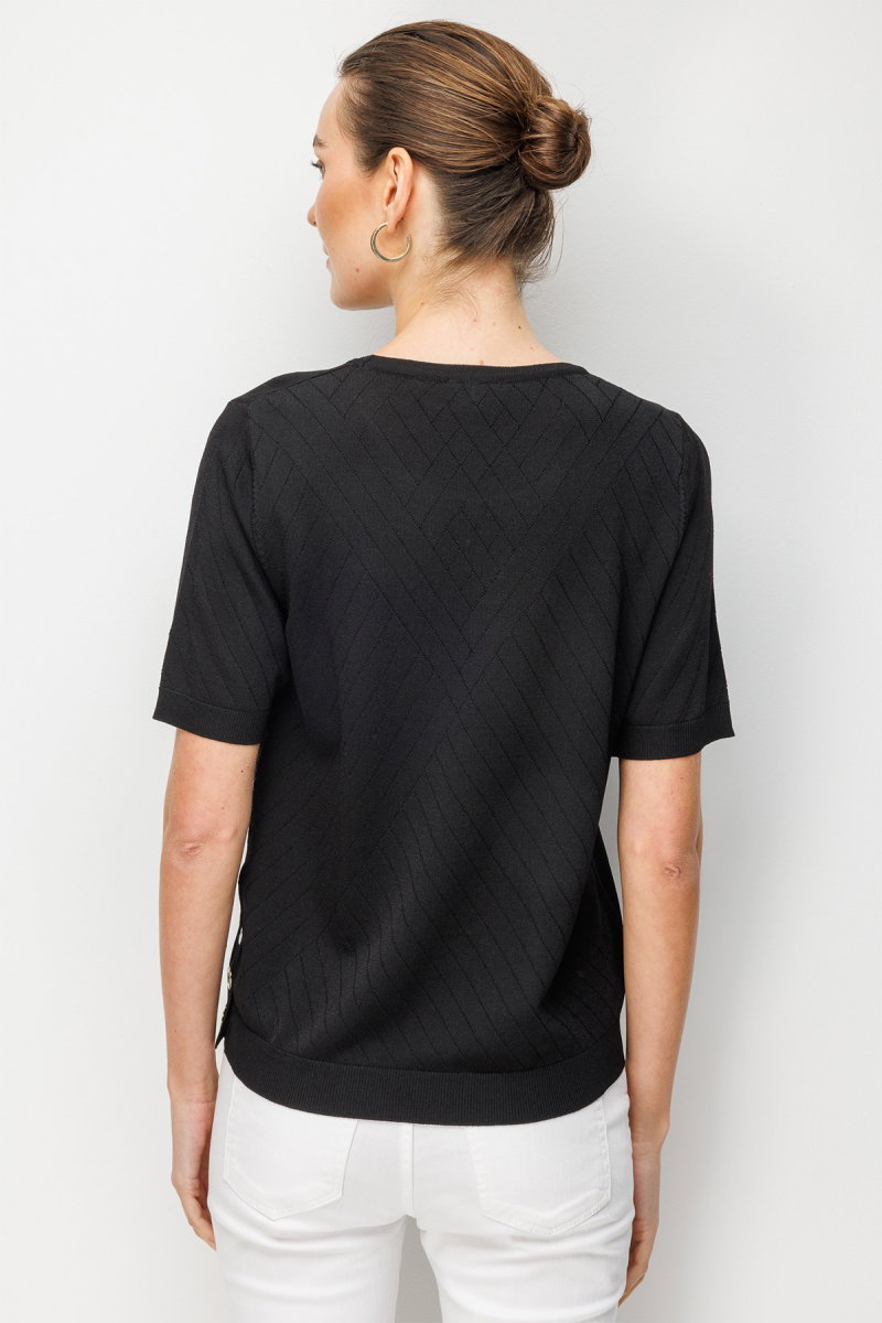 Desen Triko Kadın Sıfır Yaka Verev Çizgili Yanı Düğmeli İnce Triko Bluz 26367 Siyah - 4