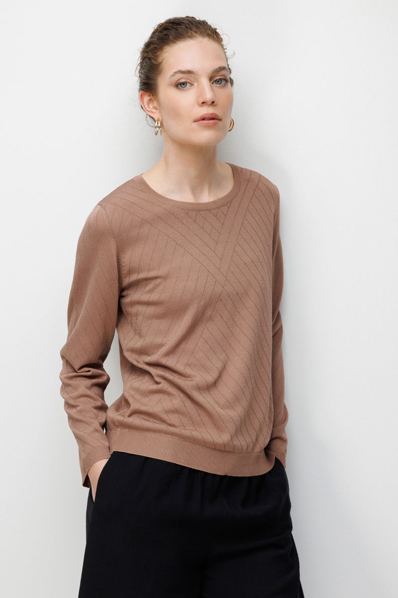 Desen Triko Kadın Sıfır Yaka Verev Çizgili Yanı Düğmeli Uzun Kollu İnce Triko Bluz 26372 Mocha - Desen Triko