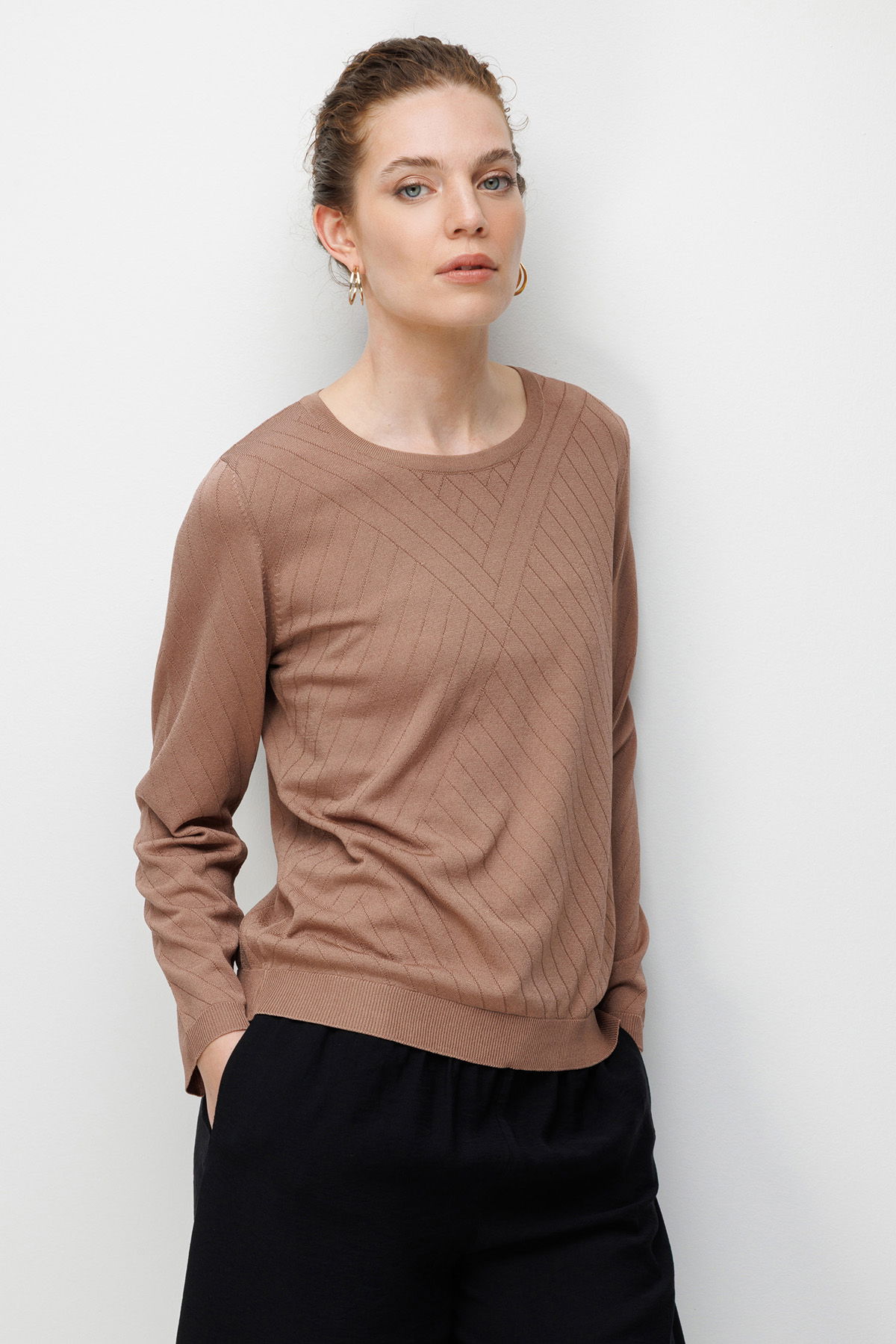 Desen Triko Kadın Sıfır Yaka Verev Çizgili Yanı Düğmeli Uzun Kollu İnce Triko Bluz 26372 Mocha - 1