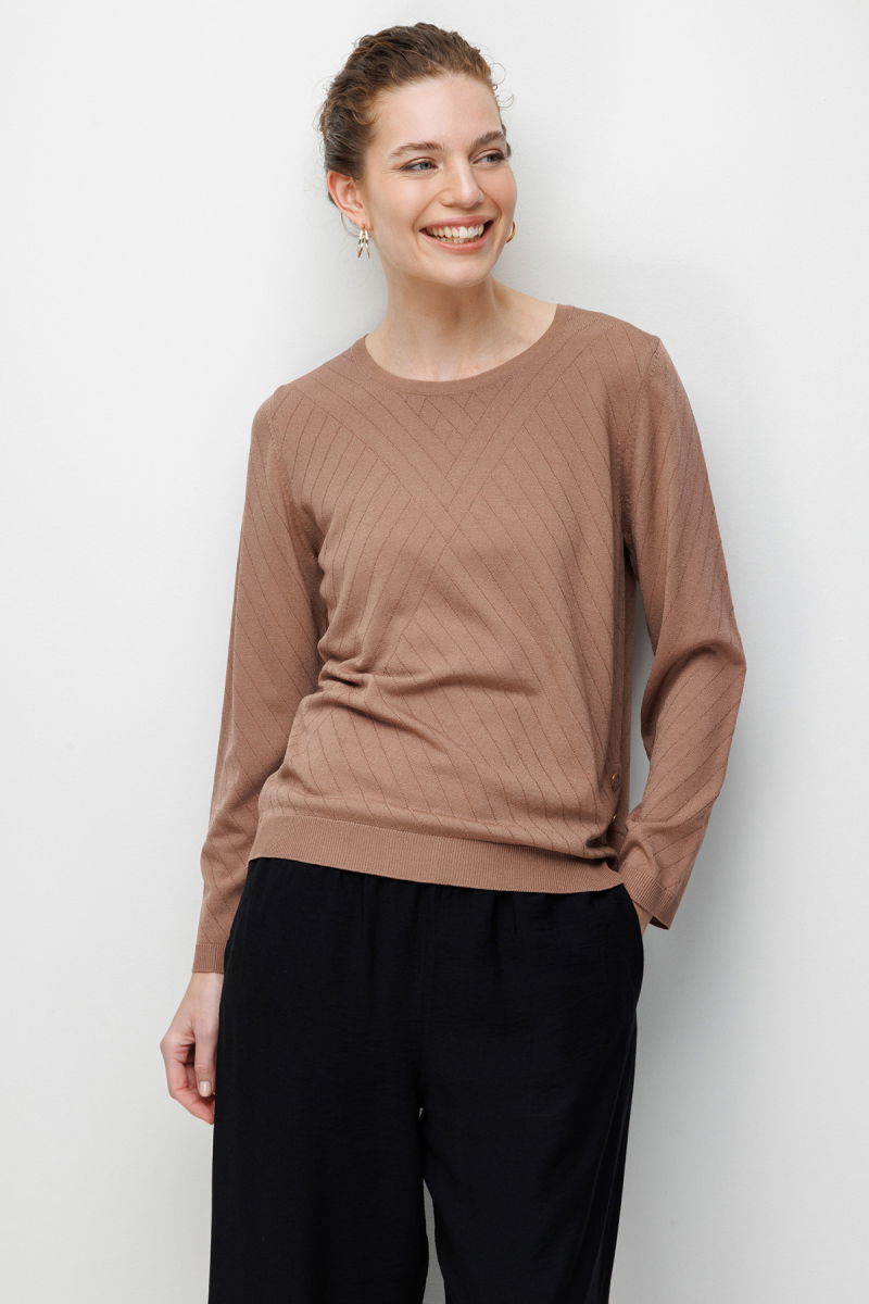 Desen Triko Kadın Sıfır Yaka Verev Çizgili Yanı Düğmeli Uzun Kollu İnce Triko Bluz 26372 Mocha - 2