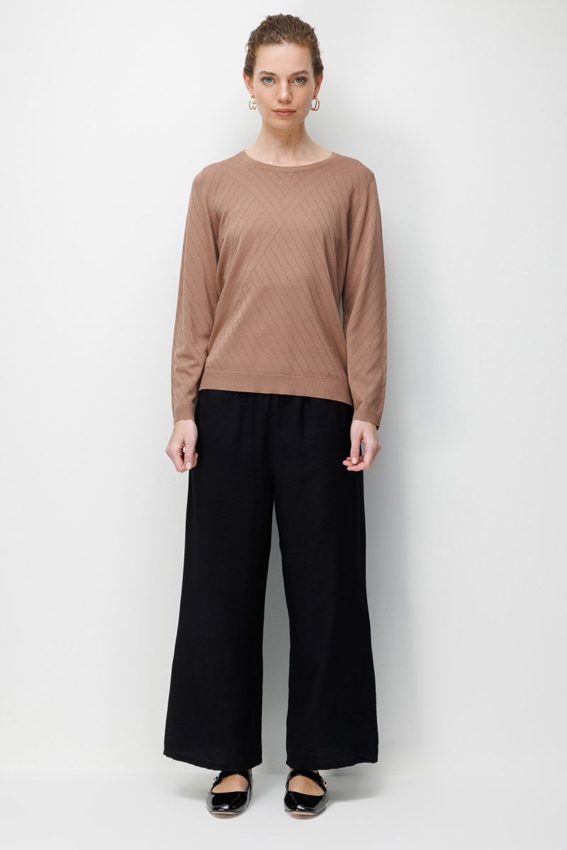 Desen Triko Kadın Sıfır Yaka Verev Çizgili Yanı Düğmeli Uzun Kollu İnce Triko Bluz 26372 Mocha - 3