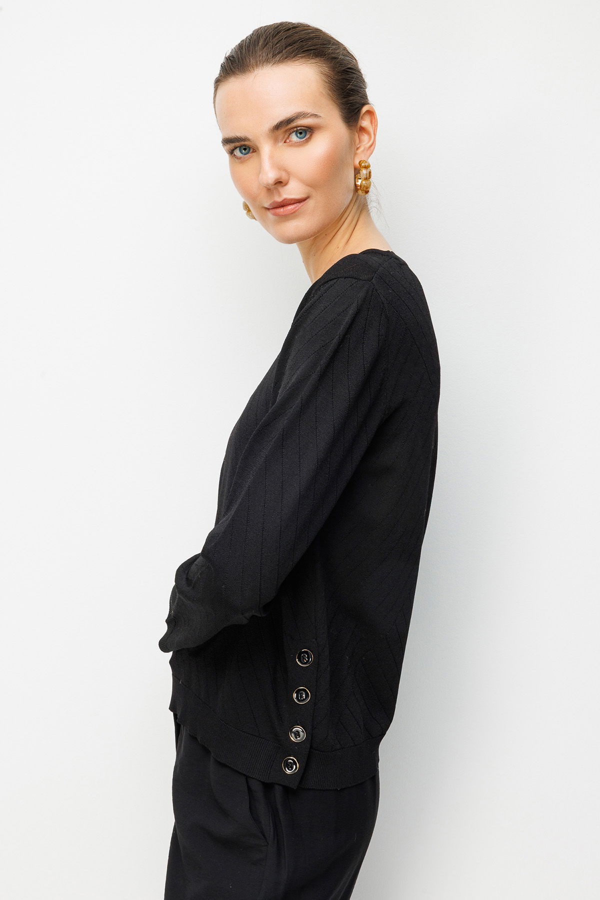 Desen Triko Kadın Sıfır Yaka Verev Çizgili Yanı Düğmeli Uzun Kollu İnce Triko Bluz 26372 Siyah - 2