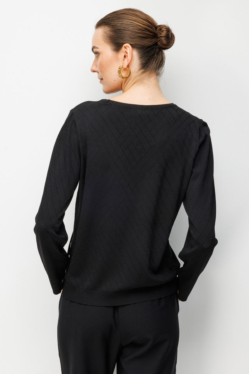 Desen Triko Kadın Sıfır Yaka Verev Çizgili Yanı Düğmeli Uzun Kollu İnce Triko Bluz 26372 Siyah - 4