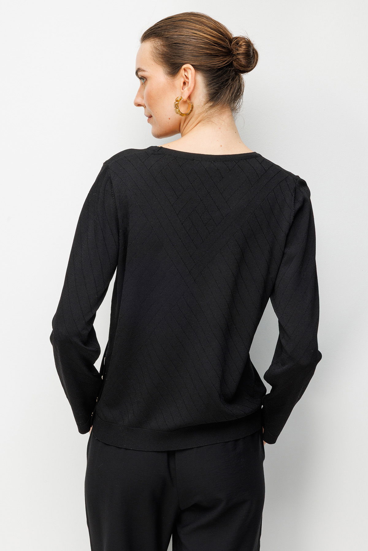 Desen Triko Kadın Sıfır Yaka Verev Çizgili Yanı Düğmeli Uzun Kollu İnce Triko Bluz 26372 Siyah - 4