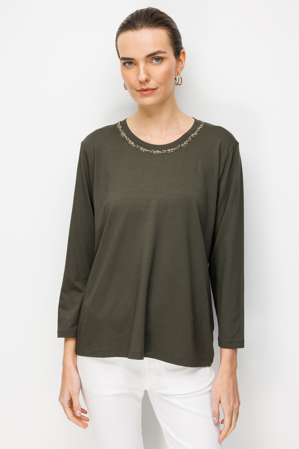 Desen Triko Kadın Sıfır Yaka Yaka Kenarı İşlemeli Penye Bluz 26705 Haki - 1