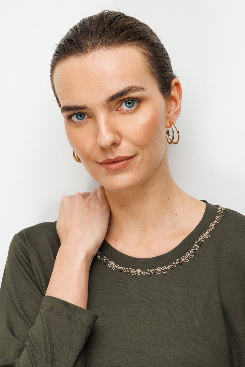 Desen Triko Kadın Sıfır Yaka Yaka Kenarı İşlemeli Penye Bluz 26705 Haki - 2