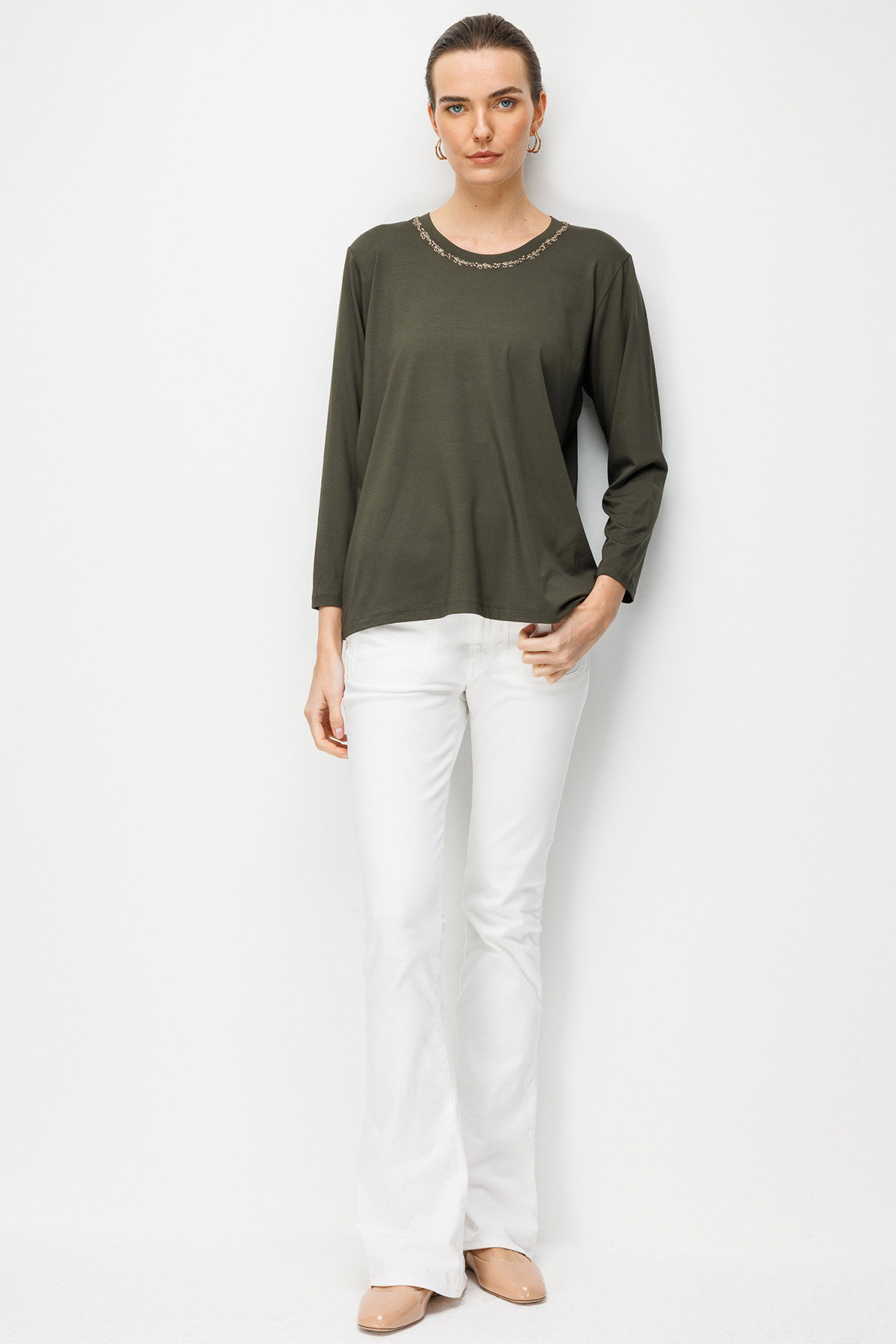 Desen Triko Kadın Sıfır Yaka Yaka Kenarı İşlemeli Penye Bluz 26705 Haki - 3