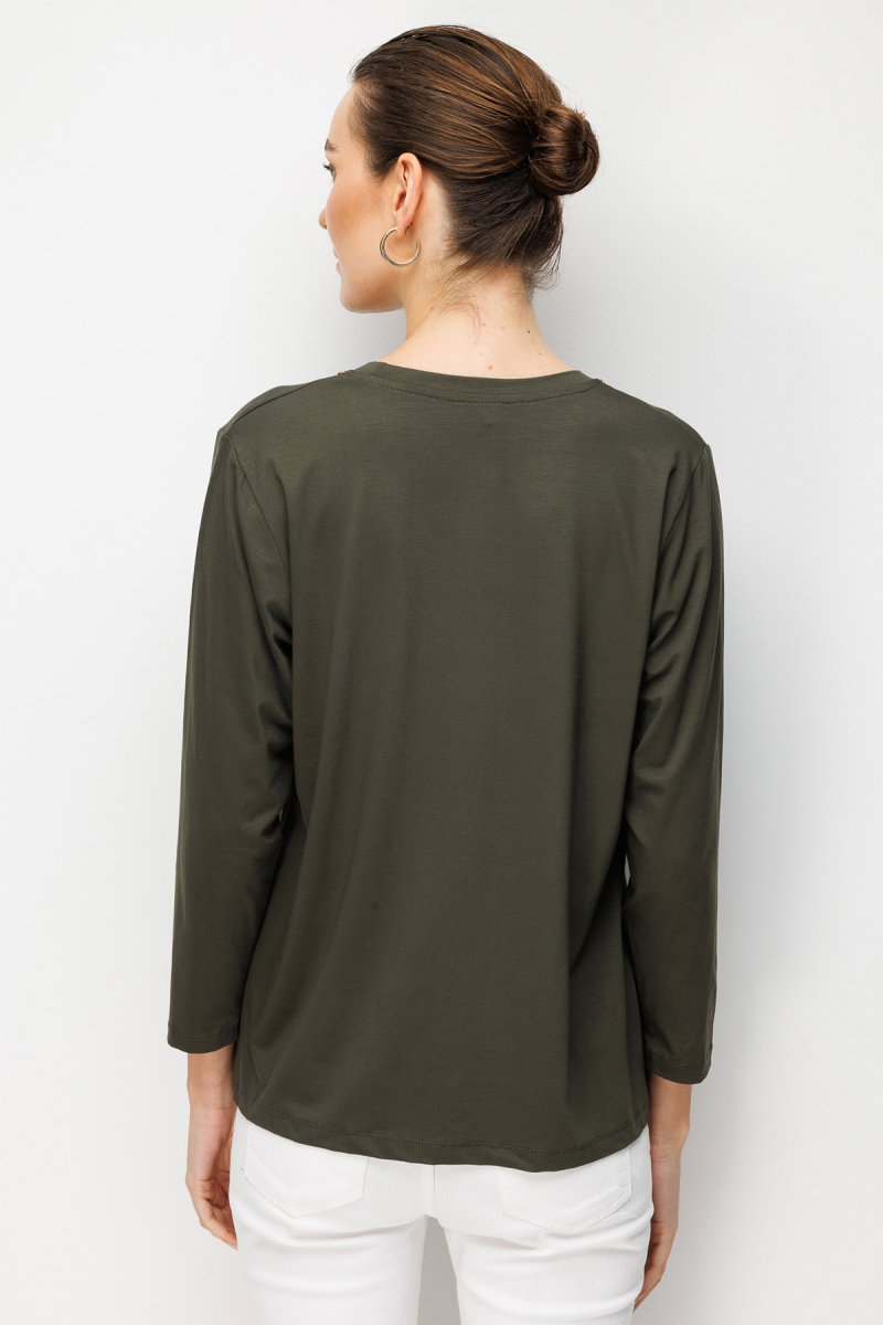 Desen Triko Kadın Sıfır Yaka Yaka Kenarı İşlemeli Penye Bluz 26705 Haki - 4