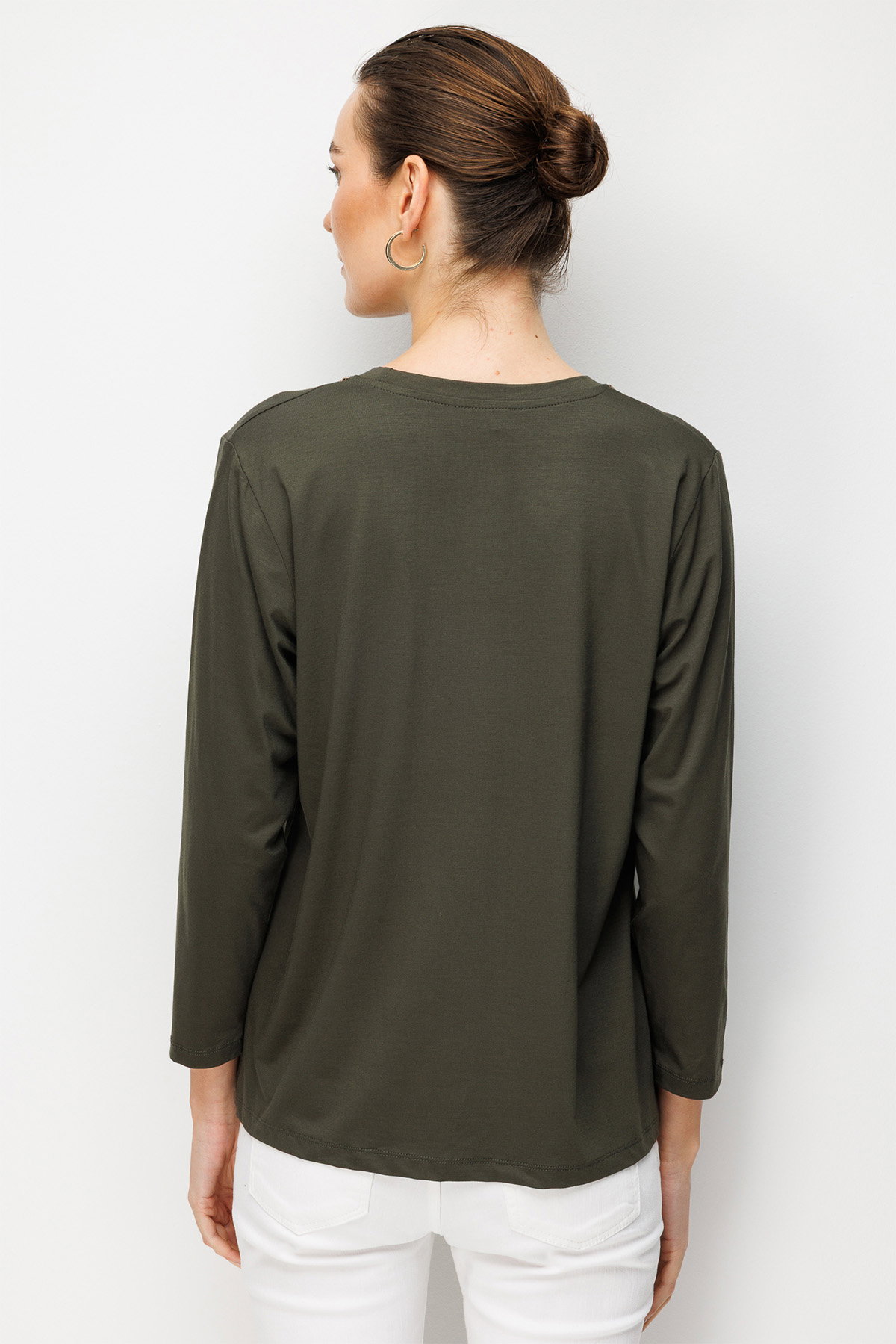 Desen Triko Kadın Sıfır Yaka Yaka Kenarı İşlemeli Penye Bluz 26705 Haki - 4