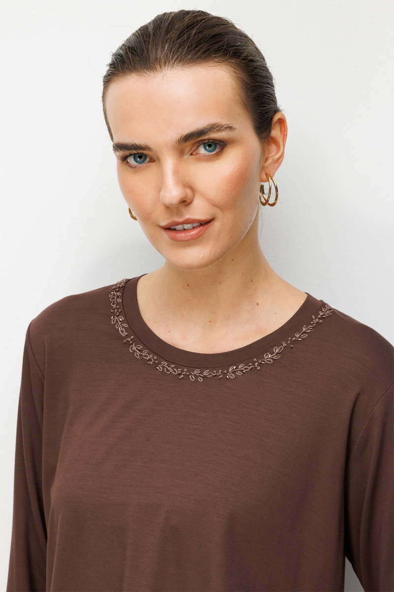 Desen Triko Kadın Sıfır Yaka Yaka Kenarı İşlemeli Penye Bluz 26705 Koyu Kahve - 2