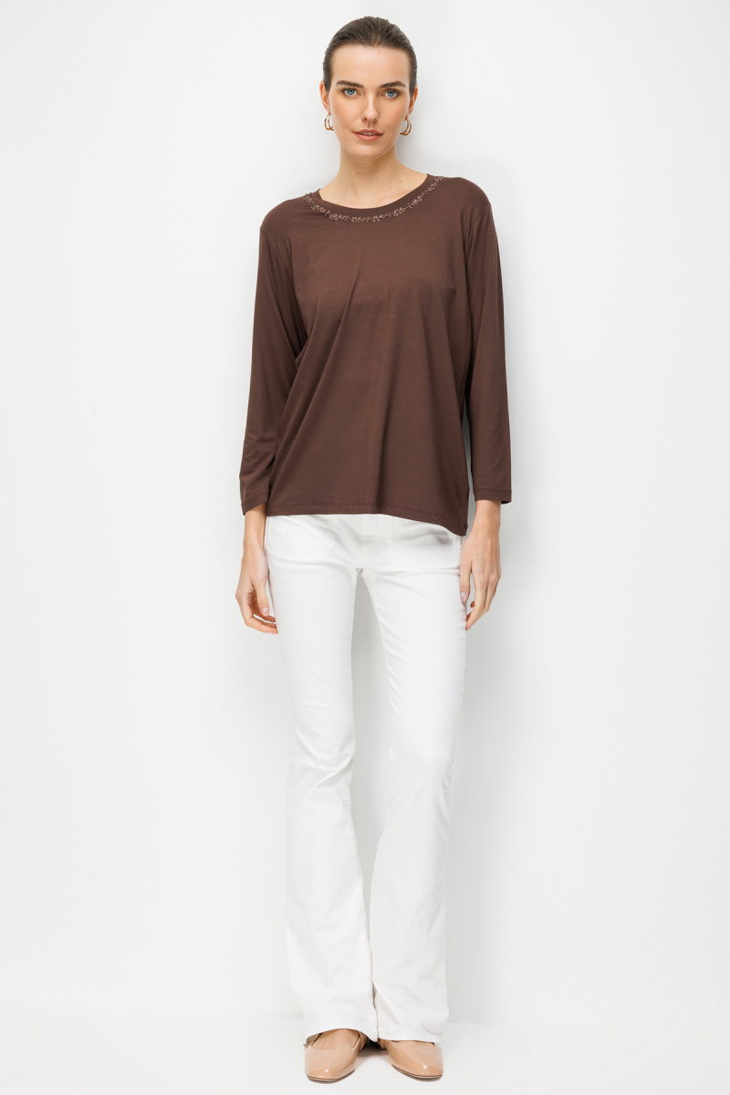 Desen Triko Kadın Sıfır Yaka Yaka Kenarı İşlemeli Penye Bluz 26705 Koyu Kahve - 3