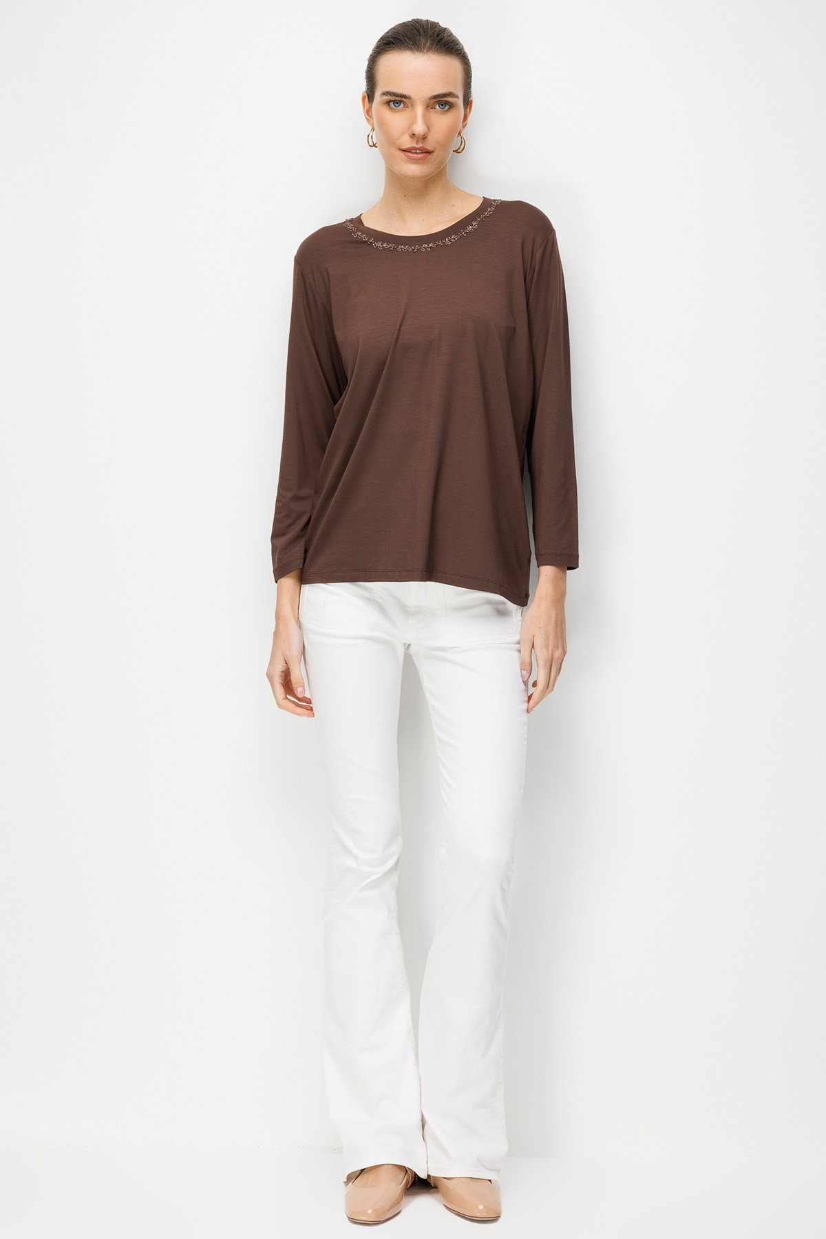 Desen Triko Kadın Sıfır Yaka Yaka Kenarı İşlemeli Penye Bluz 26705 Koyu Kahve - 3