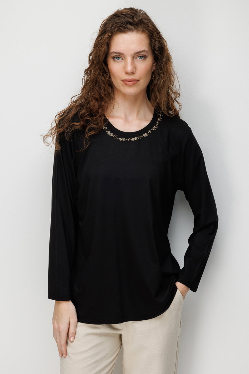 Desen Triko Kadın Sıfır Yaka Yaka Kenarı İşlemeli Penye Bluz 26705 Siyah - Desen Triko