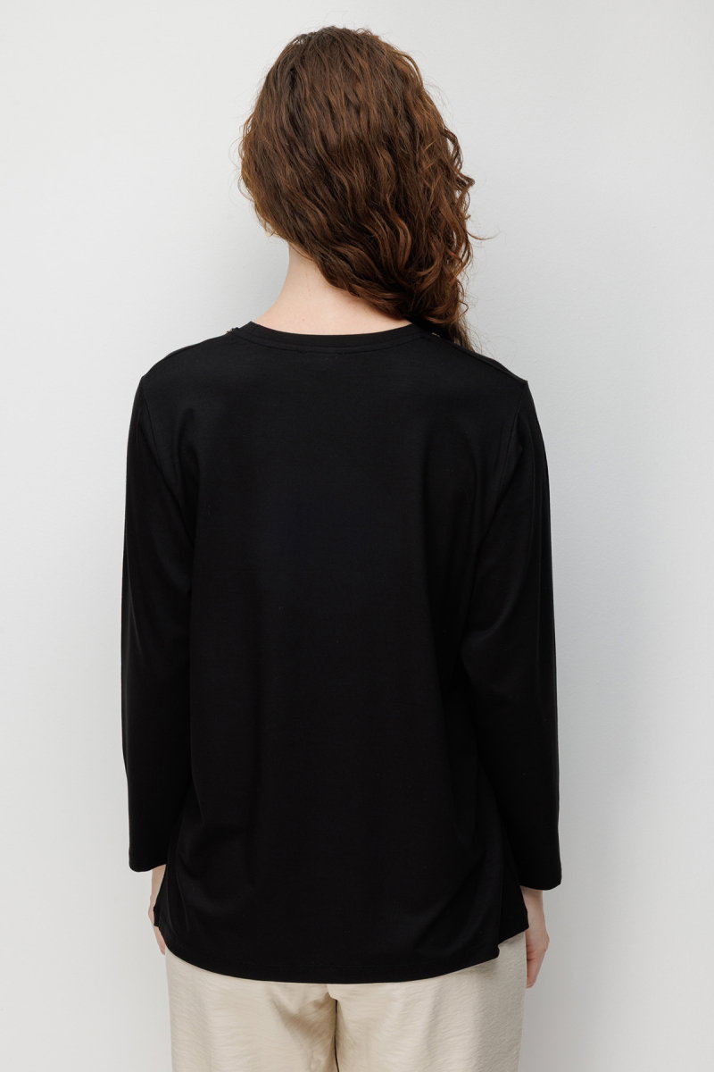 Desen Triko Kadın Sıfır Yaka Yaka Kenarı İşlemeli Penye Bluz 26705 Siyah - 4