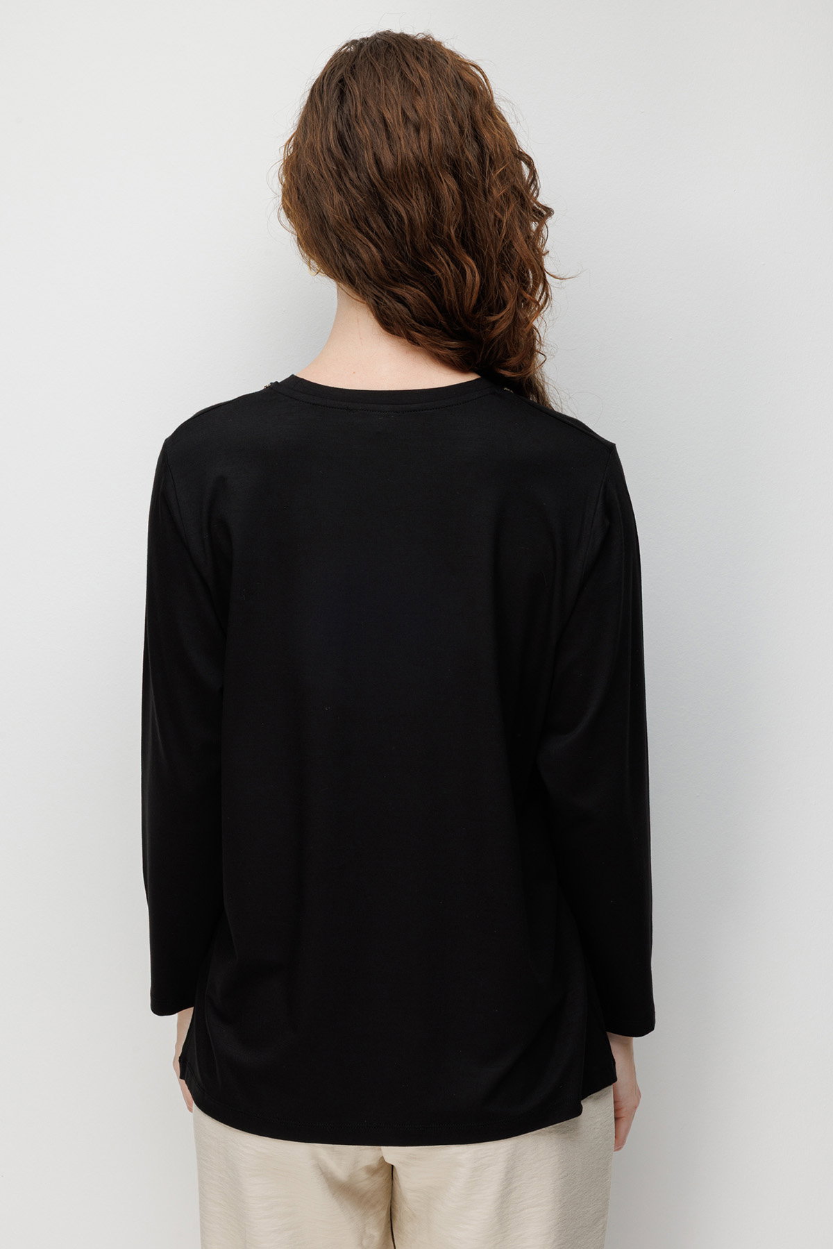 Desen Triko Kadın Sıfır Yaka Yaka Kenarı İşlemeli Penye Bluz 26705 Siyah - 4