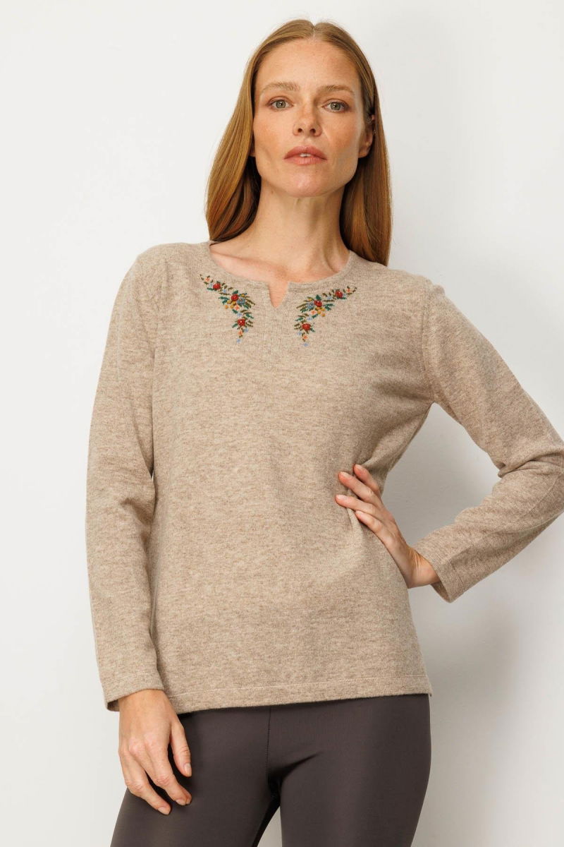 Desen Triko Kadın Sıfır Yaka Yaka Kenarı İşlemeli Yün Bluz 25036 Bej - Desen Triko