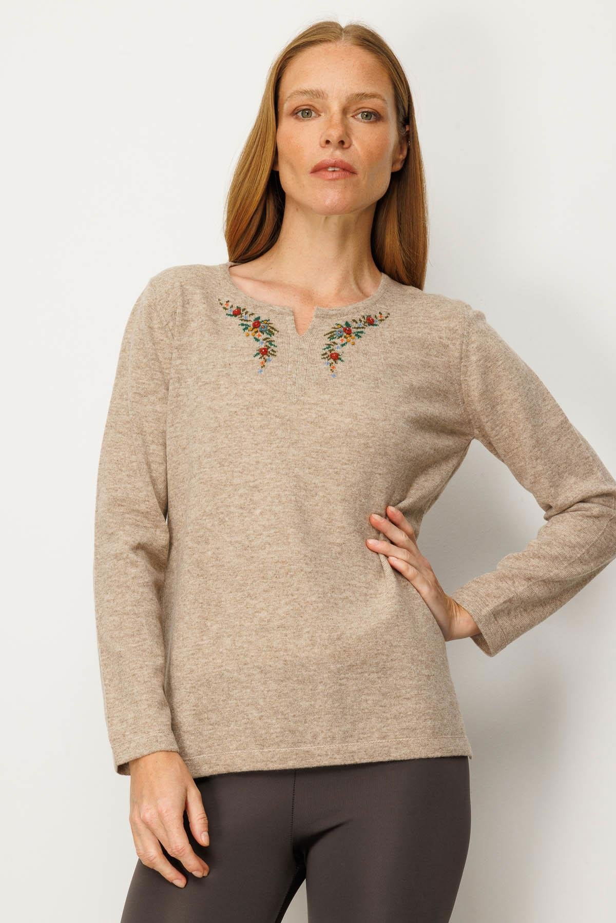 Desen Triko Kadın Sıfır Yaka Yaka Kenarı İşlemeli Yün Bluz 25036 Bej - 1