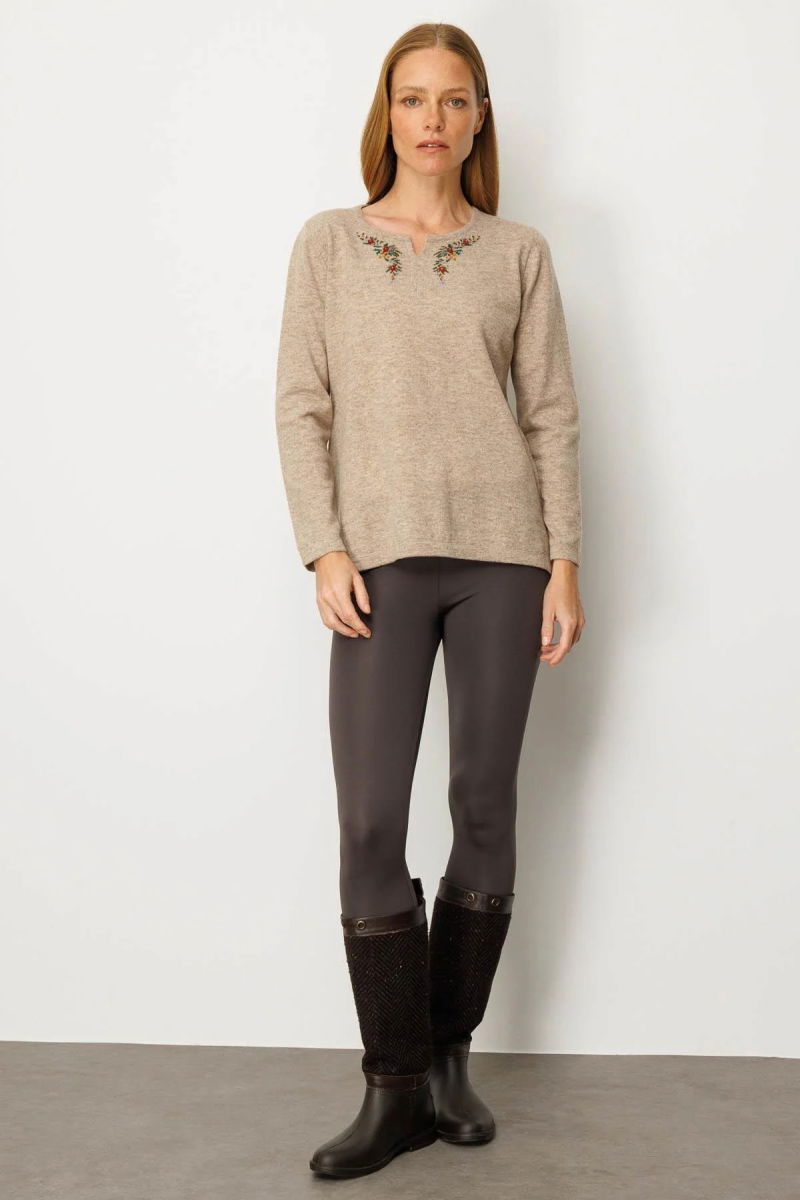 Desen Triko Kadın Sıfır Yaka Yaka Kenarı İşlemeli Yün Bluz 25036 Bej - 2