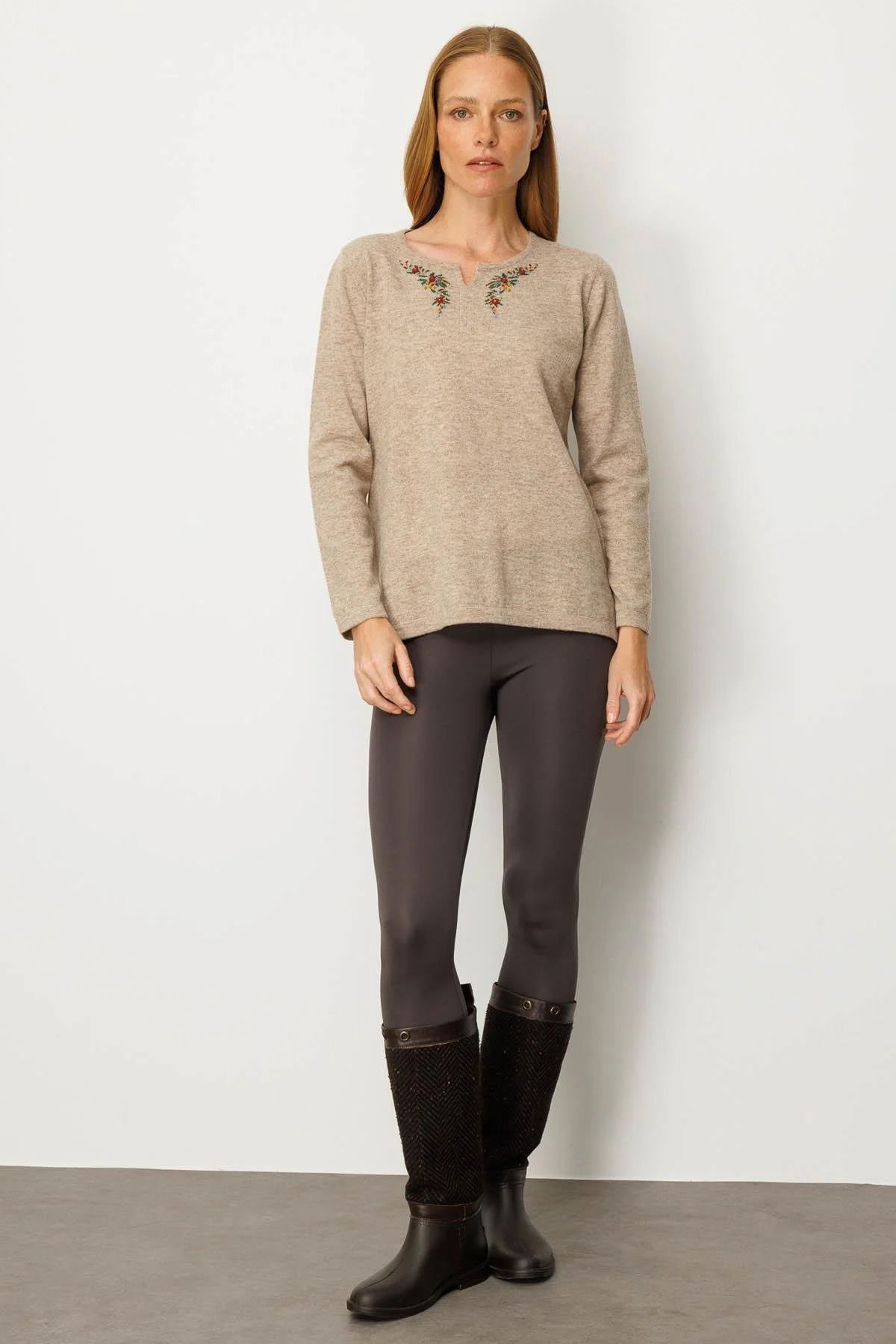 Desen Triko Kadın Sıfır Yaka Yaka Kenarı İşlemeli Yün Bluz 25036 Bej - 2