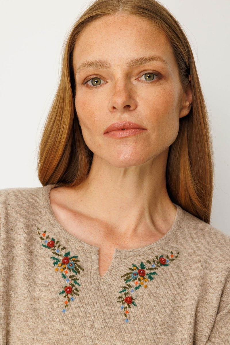 Desen Triko Kadın Sıfır Yaka Yaka Kenarı İşlemeli Yün Bluz 25036 Bej - 3