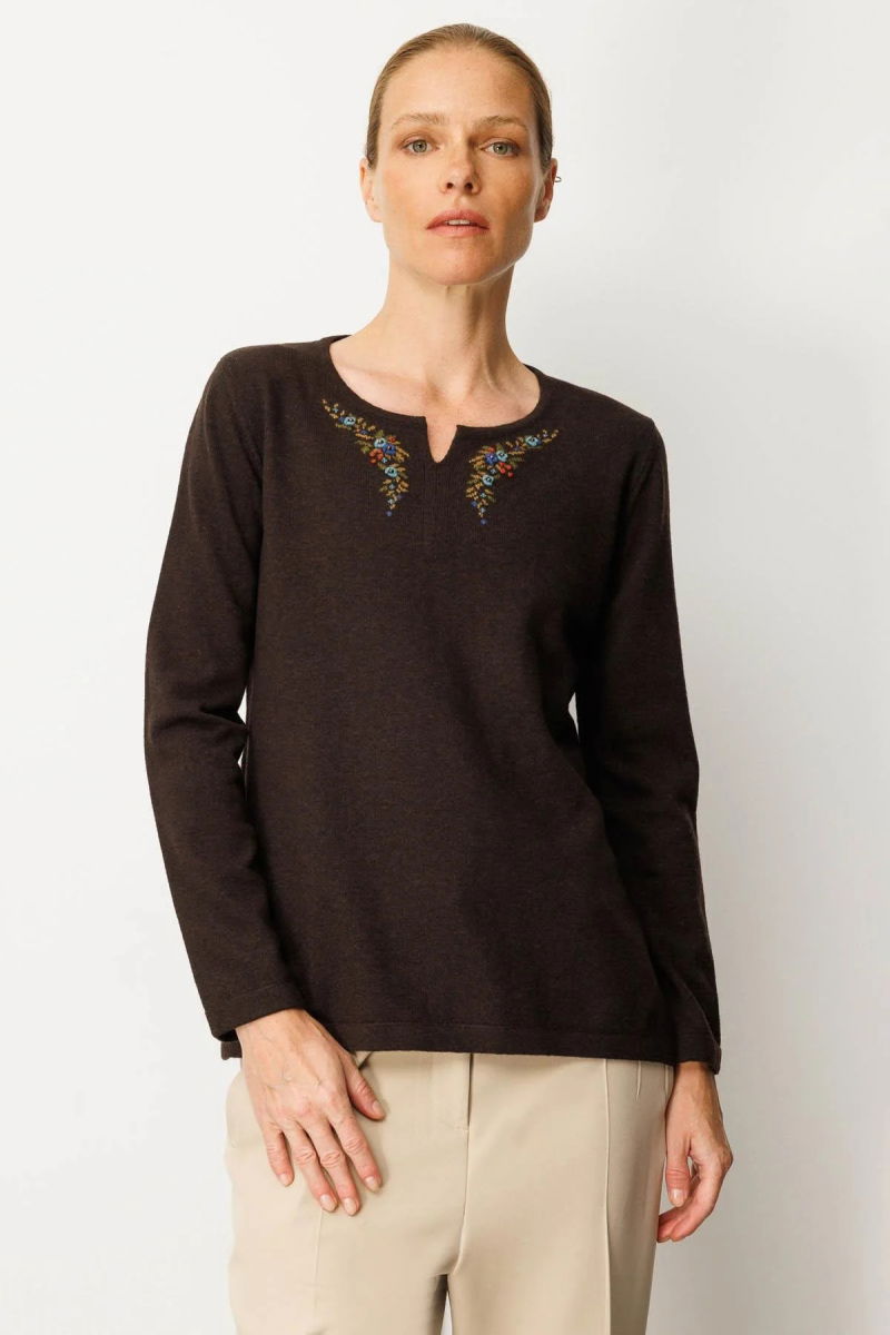 Desen Triko Kadın Sıfır Yaka Yaka Kenarı İşlemeli Yün Bluz 25036 Koyu Kahve - Desen Triko