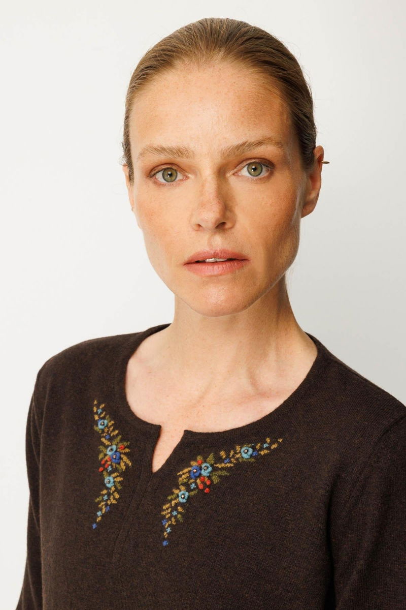 Desen Triko Kadın Sıfır Yaka Yaka Kenarı İşlemeli Yün Bluz 25036 Koyu Kahve - 3