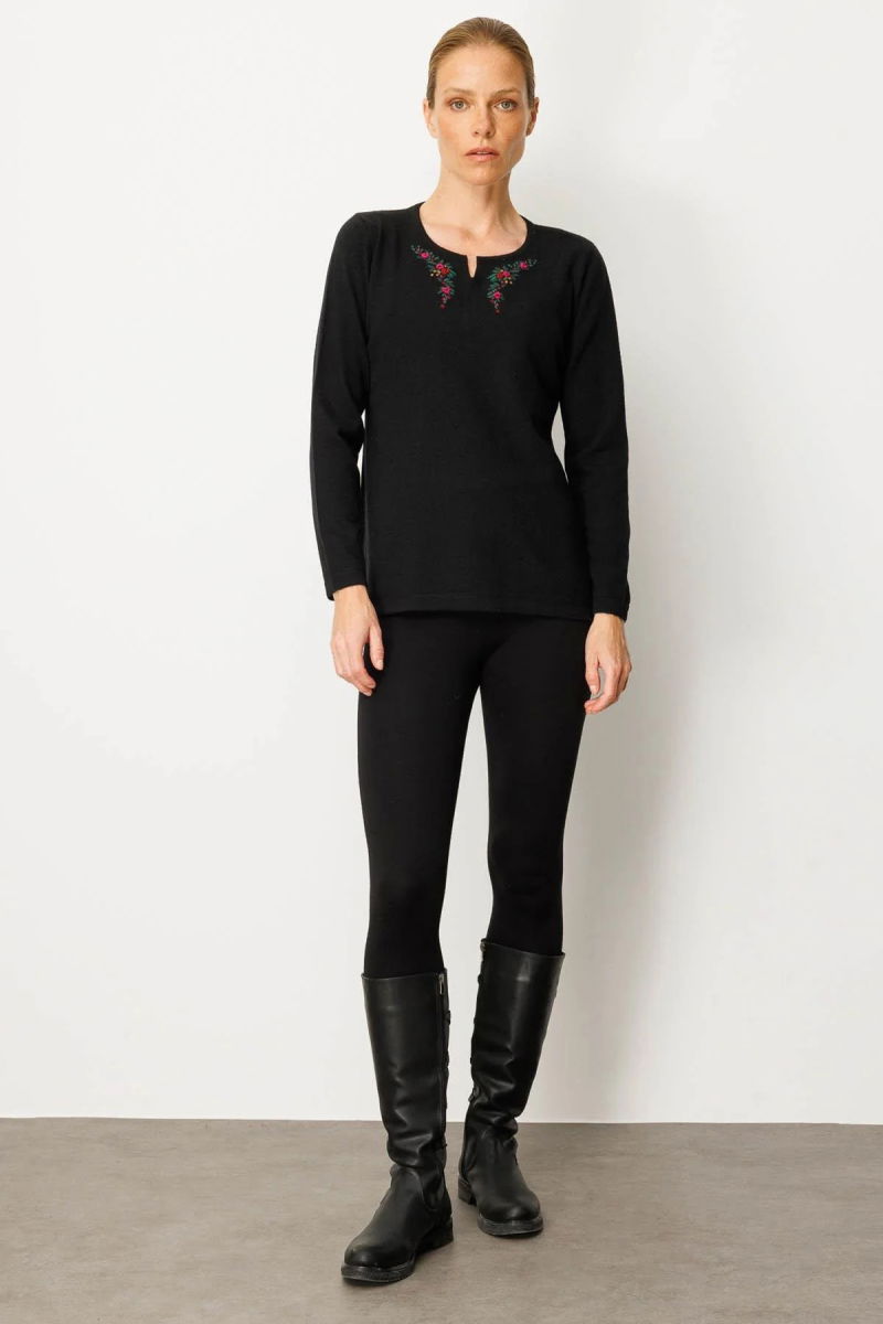 Desen Triko Kadın Sıfır Yaka Yaka Kenarı İşlemeli Yün Bluz 25036 Siyah - 2