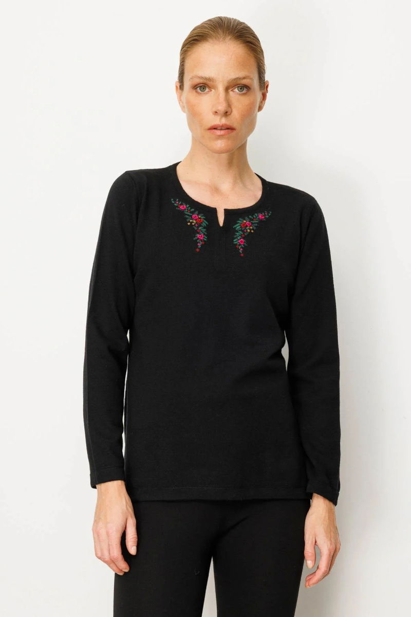 Desen Triko Kadın Sıfır Yaka Yaka Kenarı İşlemeli Yün Bluz 25036 Siyah - 3