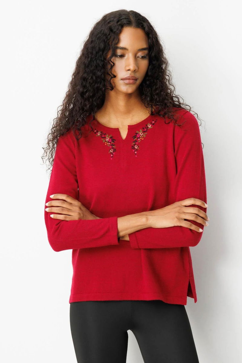 Desen Triko Kadın Sıfır Yaka Yaka Kenarı İşlemeli Yün Bluz 25036 Vişne Çürüğü - Desen Triko