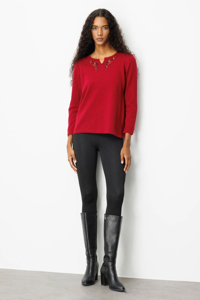 Desen Triko Kadın Sıfır Yaka Yaka Kenarı İşlemeli Yün Bluz 25036 Vişne Çürüğü - 2